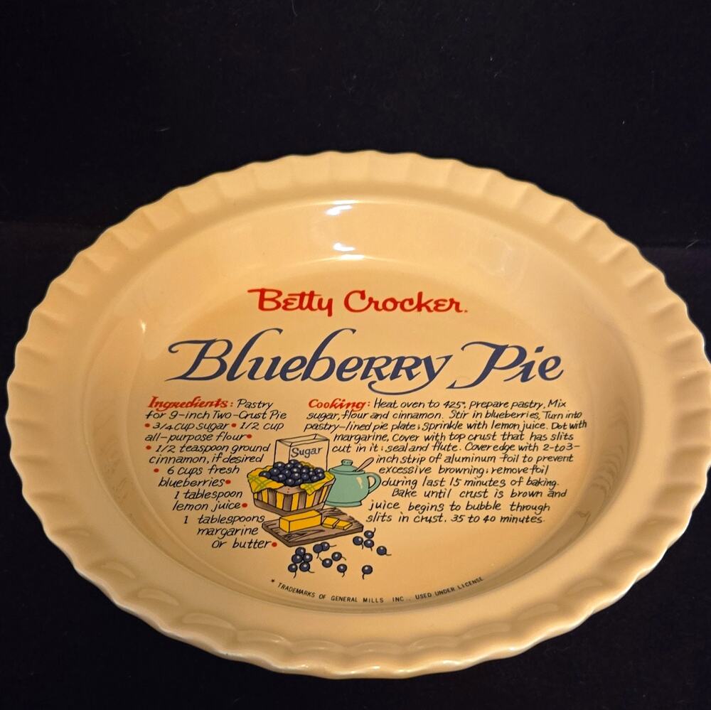 Vtg Betty Crocker Blueberry Pie Recipe Plate Ceramic Baking Dish Fluted 10